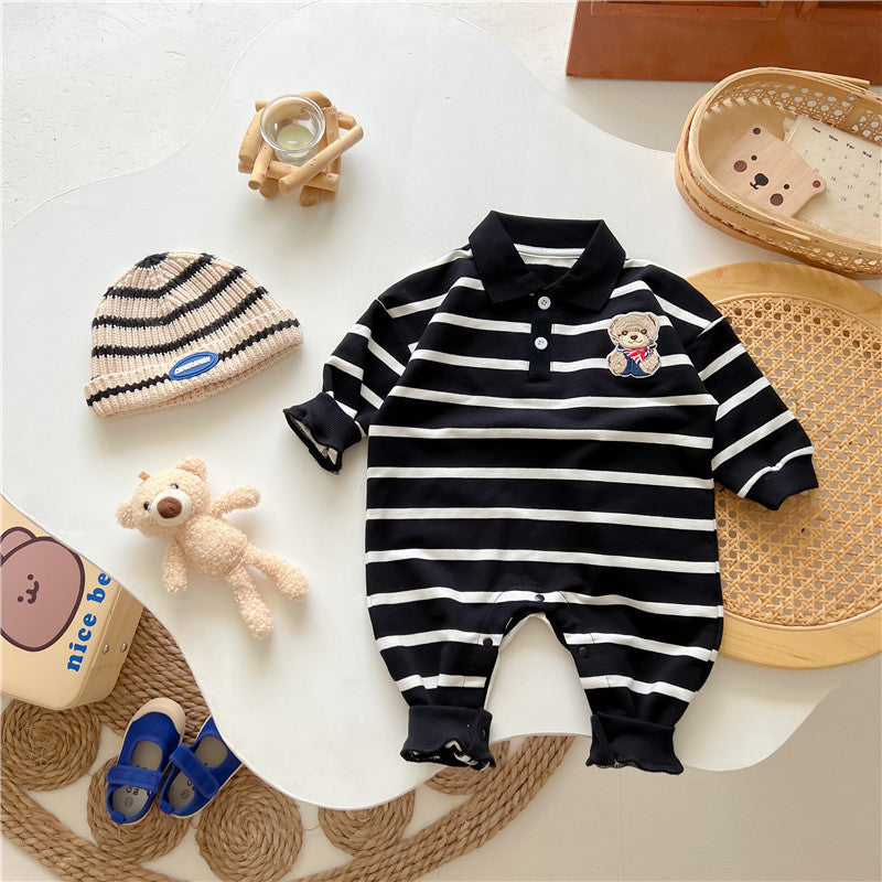 Baby Cartoon Bear Print & Striped Pattern Polo Neck Long Sleeve Romper-3