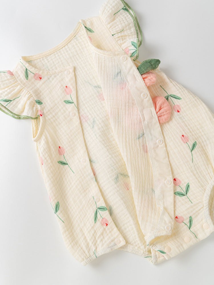 Summer New Design Baby Girls Light Floral Pattern Embroidery Fly Sleeves Crew Neck Sweet Cute Onesies-3