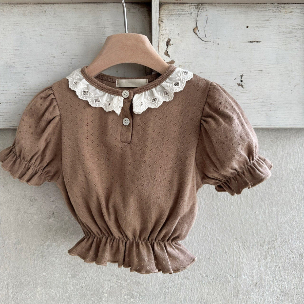 Summer New Design Baby Girl Geometric Pattern Collar Short Puff Sleeves Tops-1