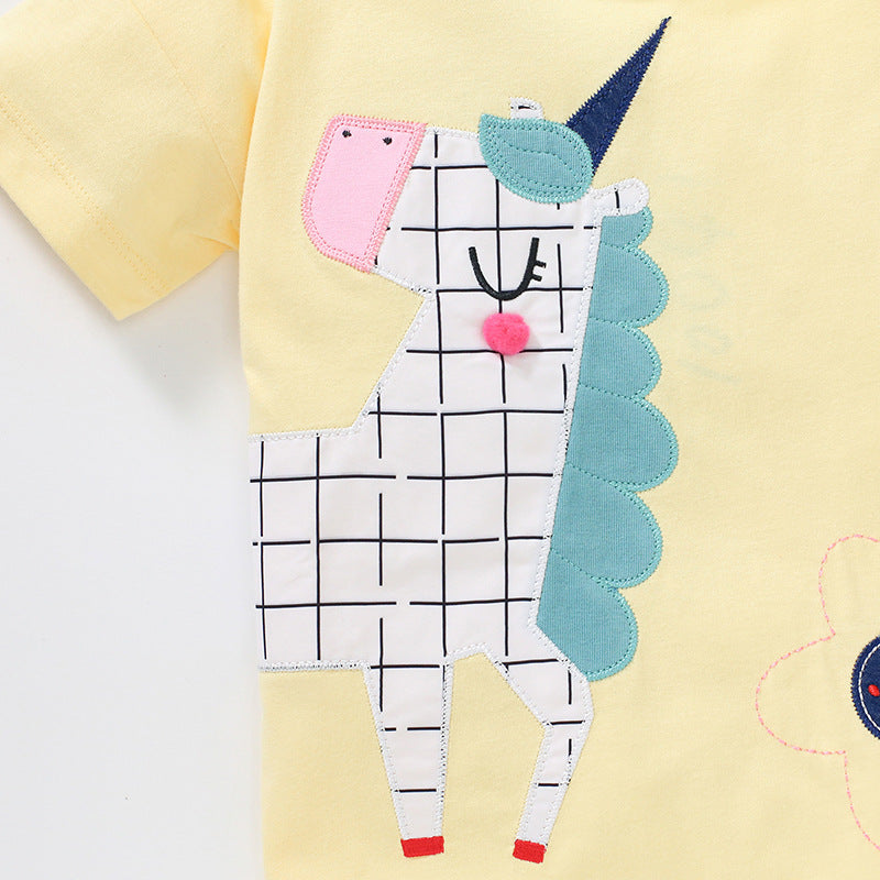 Baby Girl Unicorn Cartoon Graphic Short Sleeve O-Neck Cotton Summer T-Shirt-2