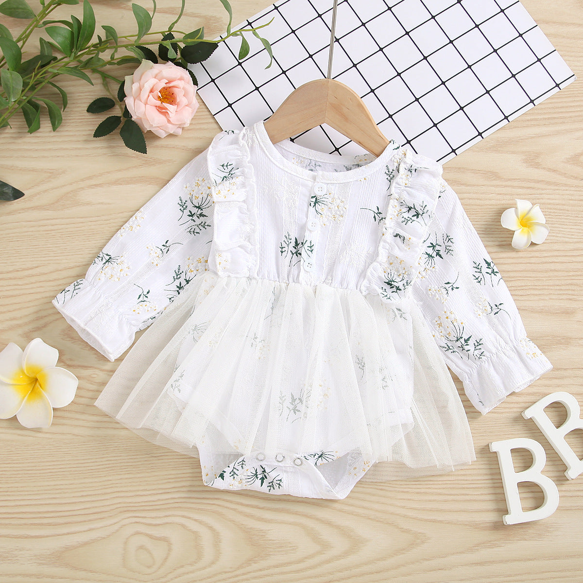 Baby Girl 1pcs Allover Grass Embroidered Graphic Mesh Overlay Dress Longsleeve Onesies-2