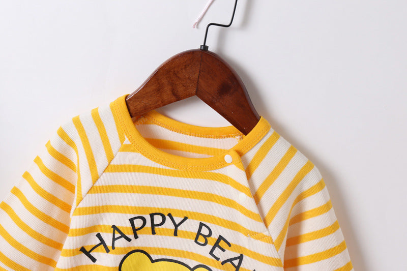 Baby Cartoon Bear & Striped Pattern Crotch Jumpsuit Romper-1