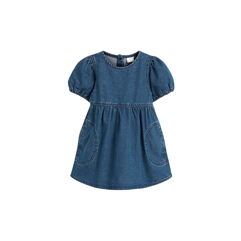 Baby Girl Solid Color Puff Sleeve Loose Denim Dress-2