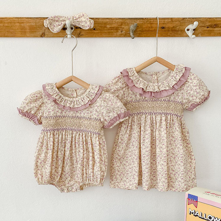 Baby Girl Ditsy Flower Ruffle Neck Dress & Onesies In Summer-0