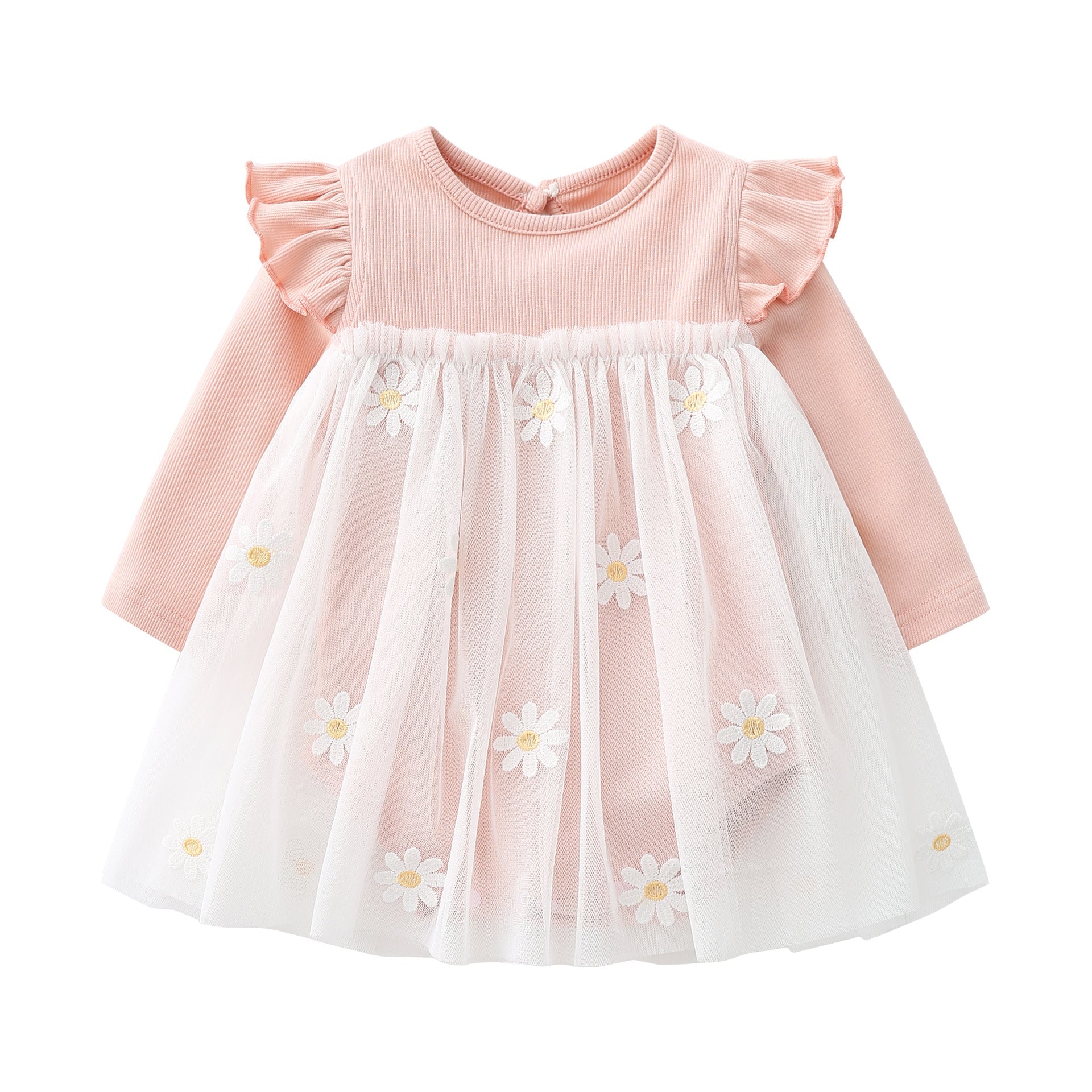 Baby Girls Floral Lace Patchwork Design Ruffle Long-Sleeved Dress Onesies In Spring & Autumn-0