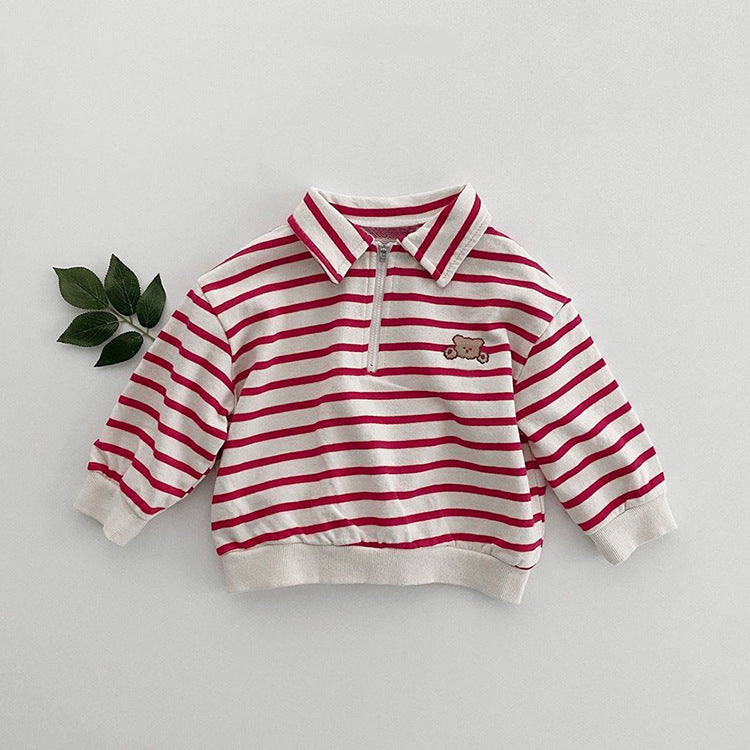 Baby Cute Bear Embroidered & Striped Pattern Polo Neck Cotton Hoodies-1