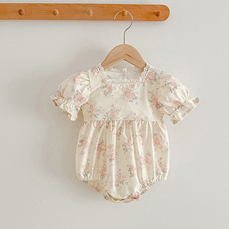 Summer Girls Floral Pattern Square Neck Onesies And Girls’ Dress – Princess Sister Matching Set-2
