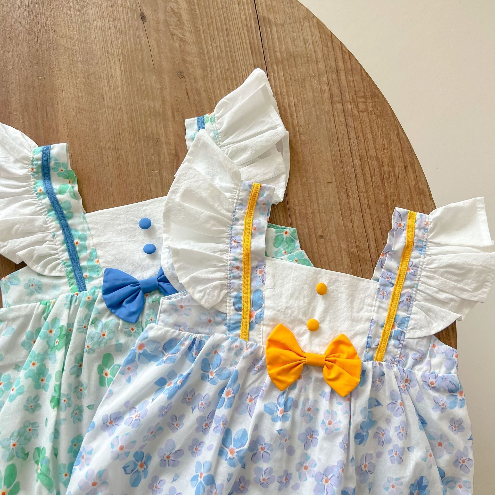 Baby Girls Floral Print Ruffle Design Square-Neck Onesies With Bow Tie-2