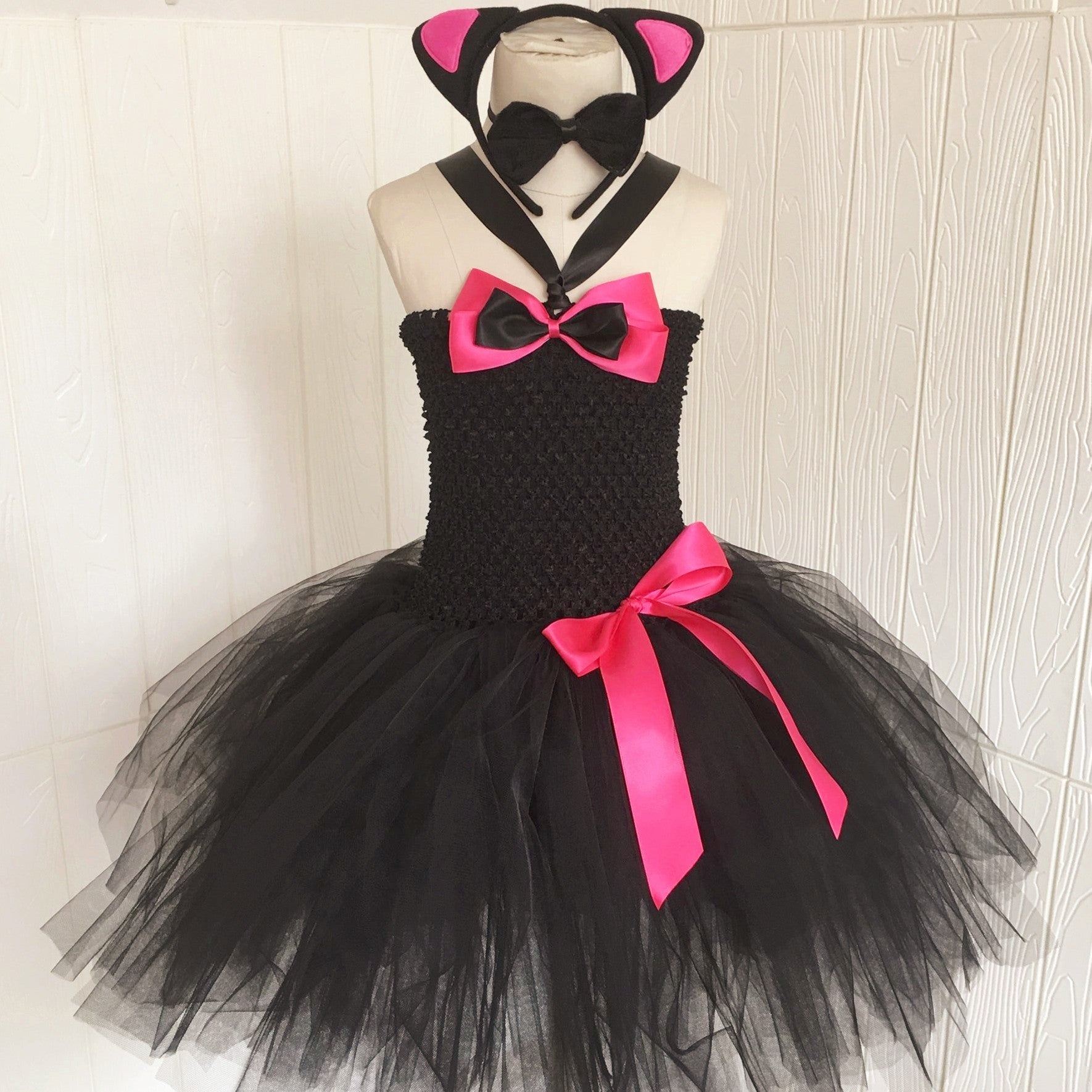 Children’s Halloween Solid Color Cat Costume Mesh Tutu Dress & 1-Piece Jewelry Sets-2