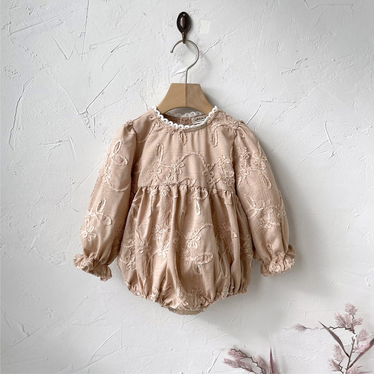 Baby Girl Solid Color Jacquard Embroidery Fashion Dress&Onesie-3
