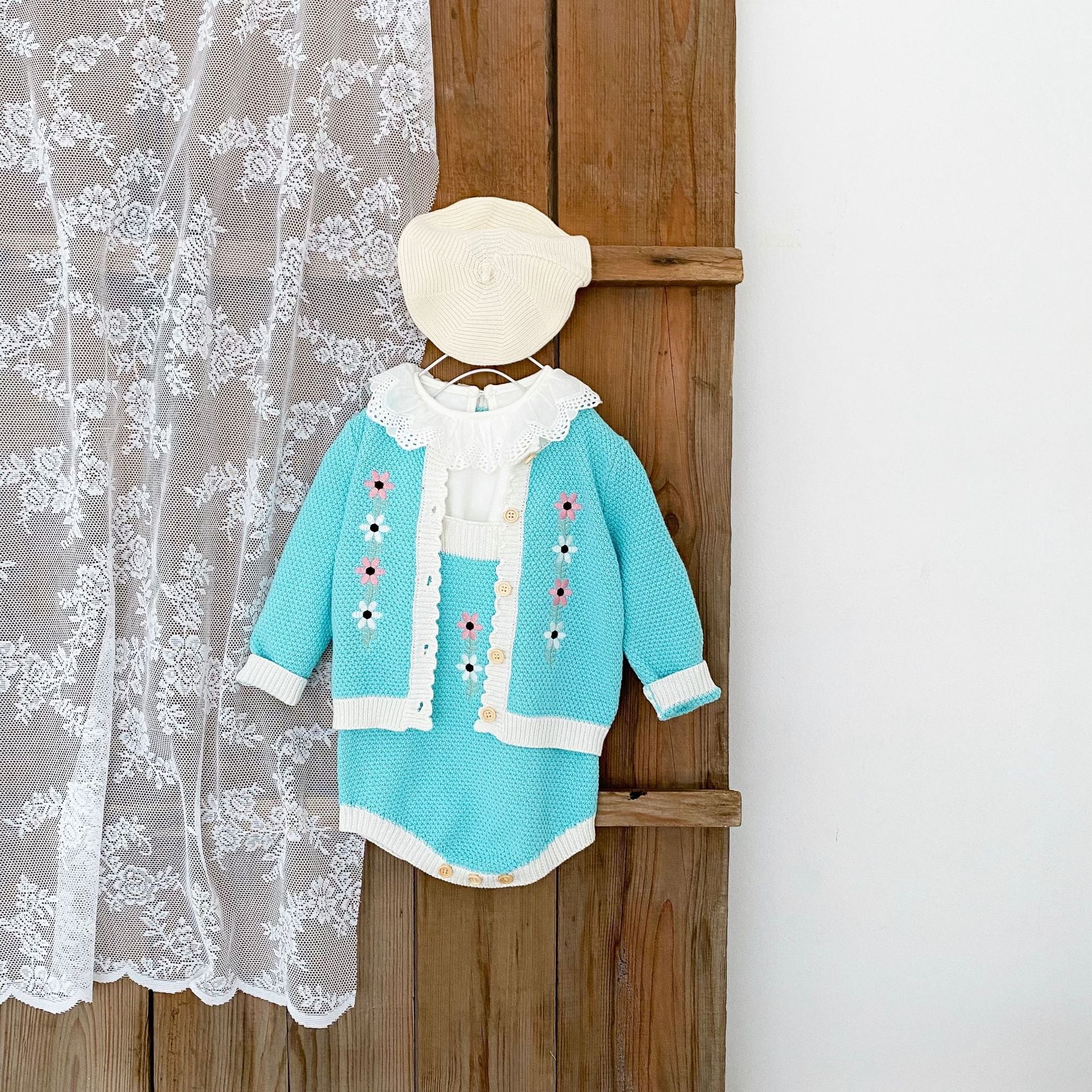 Baby Girl Flower Embroidered Graphic Contrast Bodysuit & Cardigan 1-Pieces Sets-1