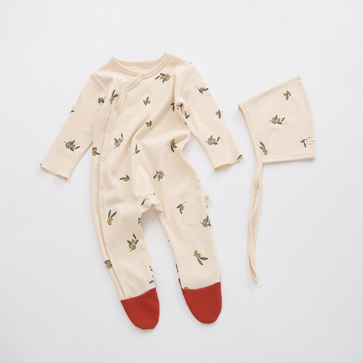 Baby Printed Graphic Side Button Design Long Sleeved Jumpsuit Romper Pajamas With Hat-2