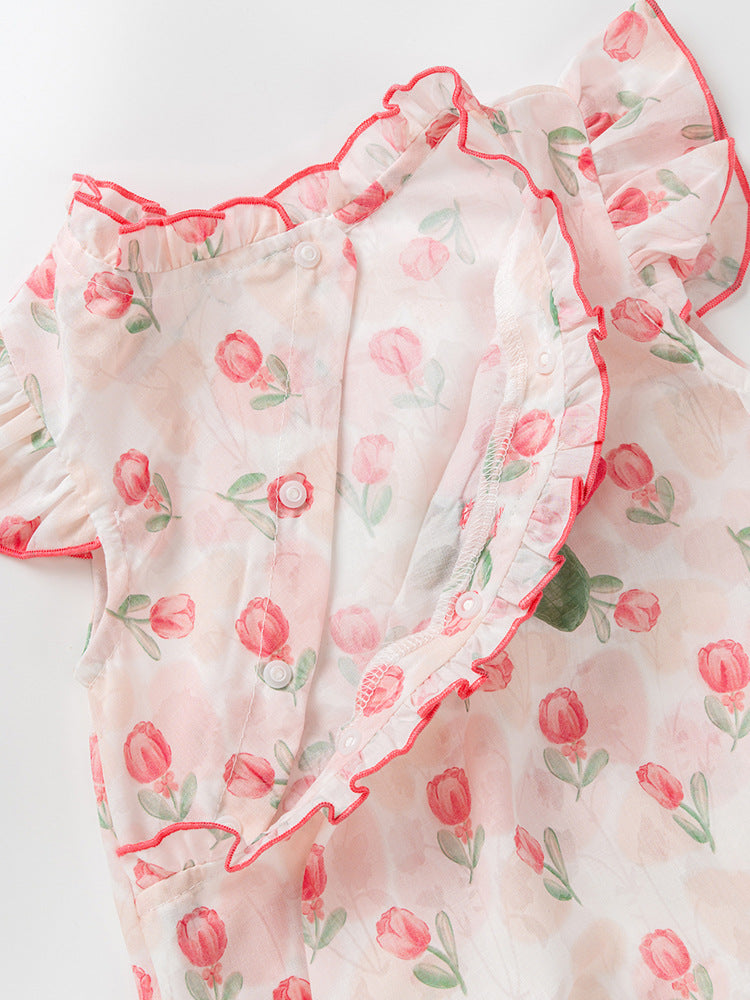 Summer New Design Baby Girls Red Rose Flowers Pattern Fly Sleeves Ruffle Neck Sweet Cute Onesies-3