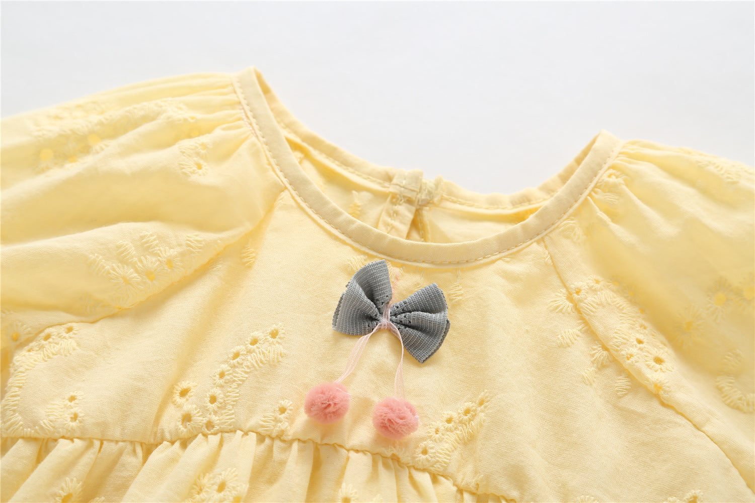 Baby Solid Yellow Hollow Carved Design Long Sleeves Bow Dress & Hat-2