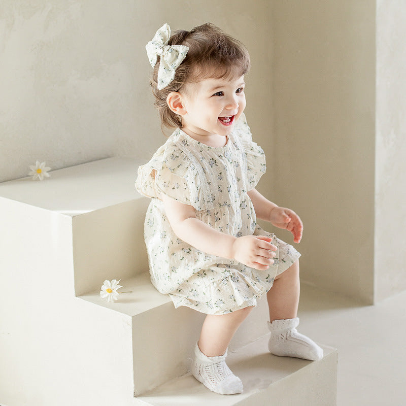 Baby Girl Flower Pattern Flying Sleeves Onesies & Clothing Sets With Headband-2