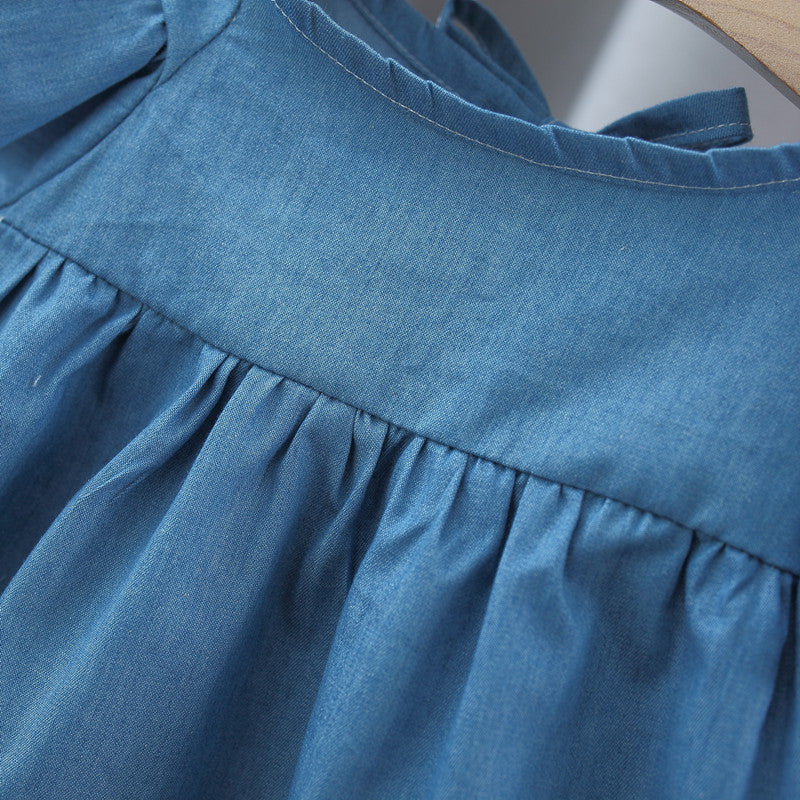 Summer Hot Selling Baby Kids Girls Fly Sleeves Crew Neck Solid Color Denim Dress-2