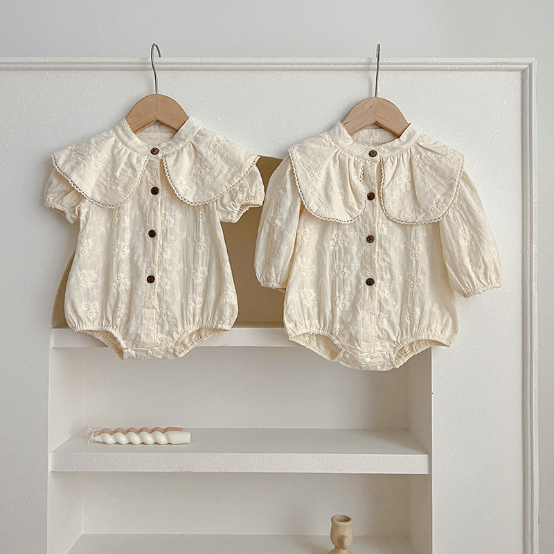Summer New Arrival Baby Girls Beige Short Sleeves Flowers Embroidery Onesie-1