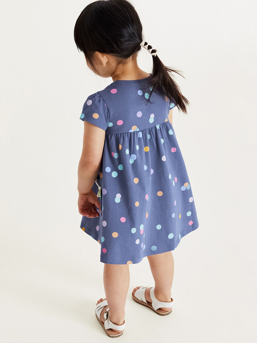 Spring And Summer Baby Girls Short Sleeves Polka Dots Dress With Unicorn Pocket-1