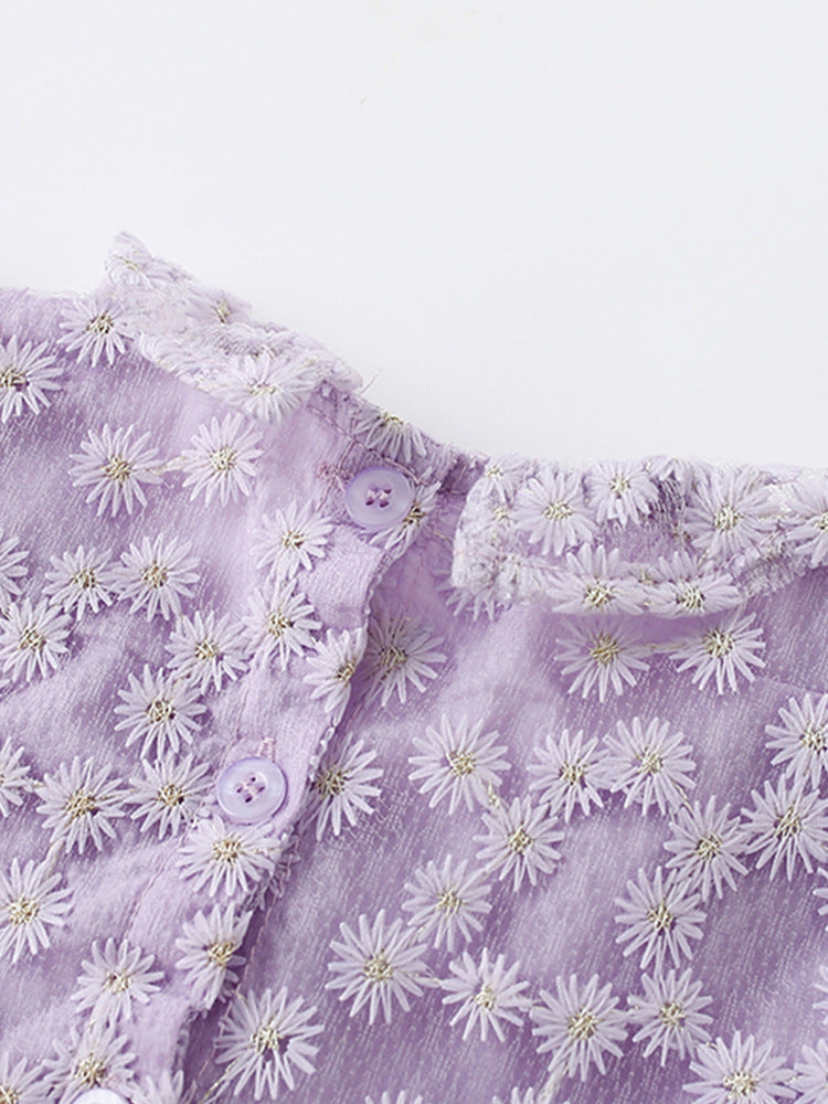 Summer New Arrival Girls’ Daisy Flowers Pattern Embroidery Round Collar Fly Sleeves Dress-2