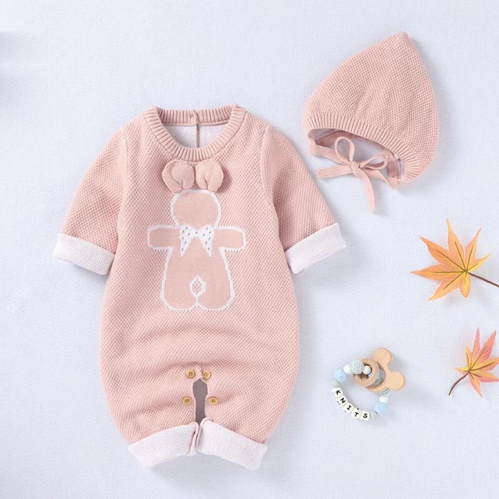Baby Cartoon Bunny Embroidered Graphic Solid Warm Rompers With Hat-2