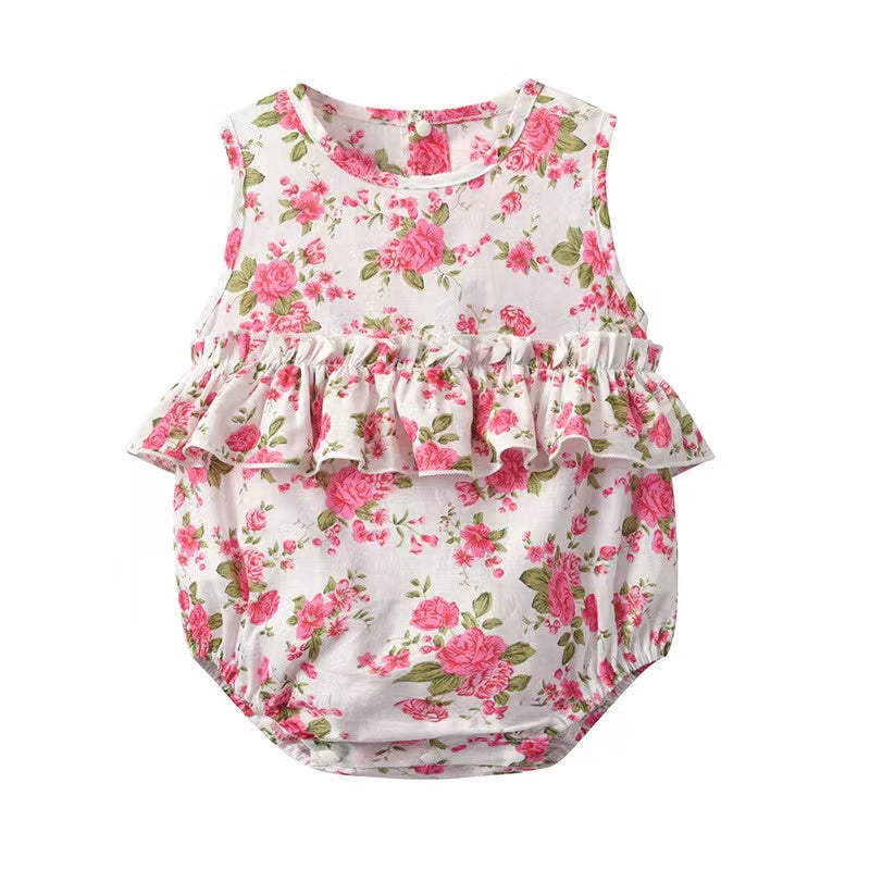 Baby Girl Floral Print Graphic Ruffle Design Sleeveless Onesies & Headband-2