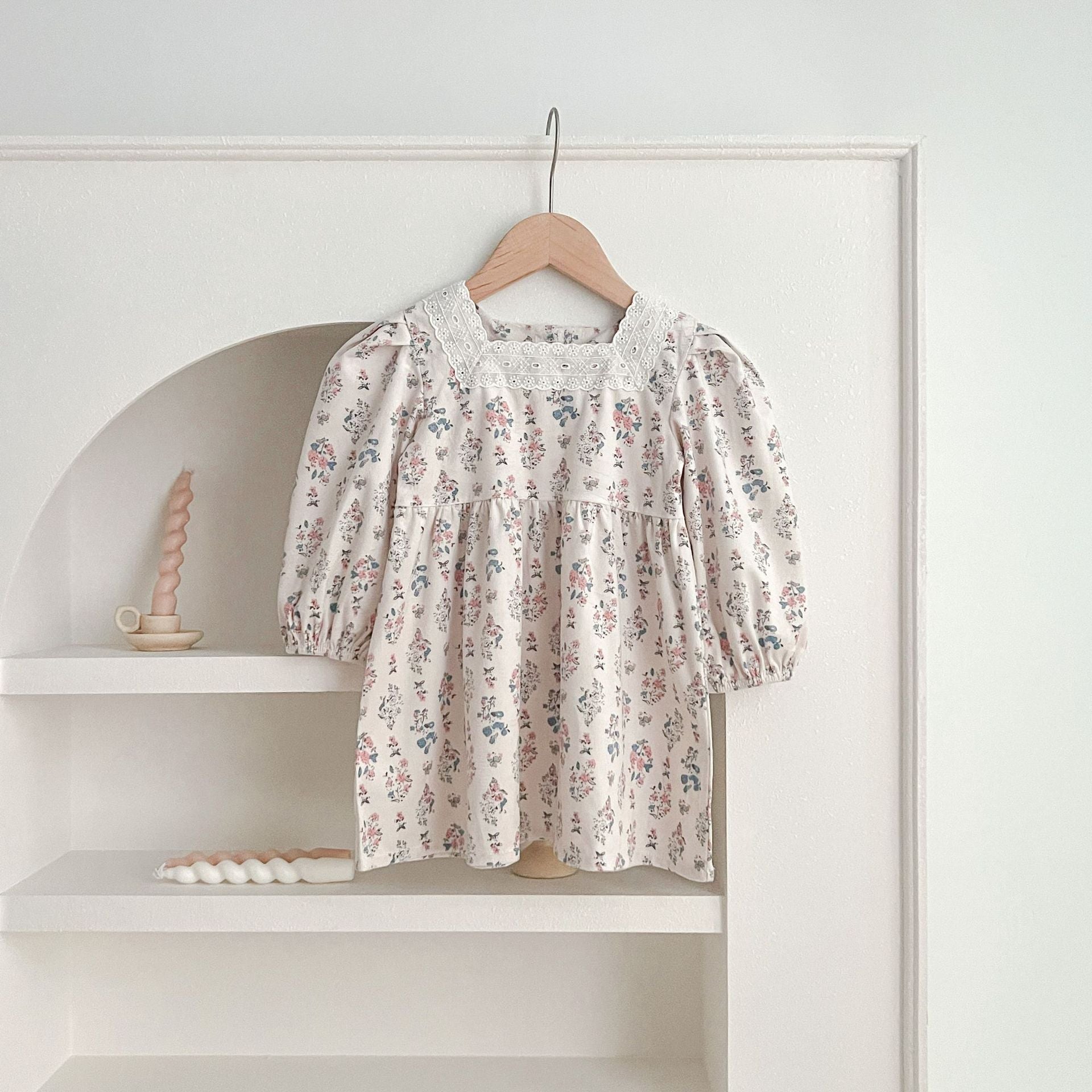 Floral Square Neck Lantern Long Sleeve Sweet Princess Onesies&Dress-2