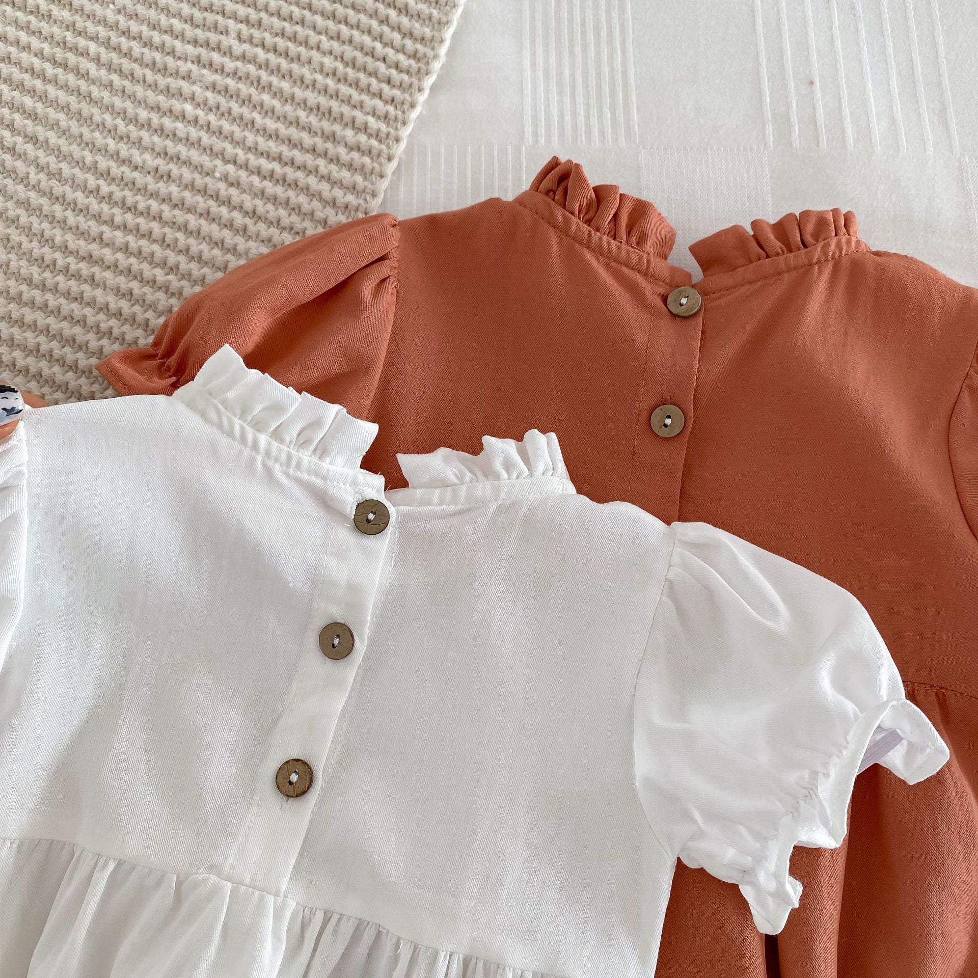 Summer Baby Girls Solid Color Plain Ruffle Neck Onesie-2