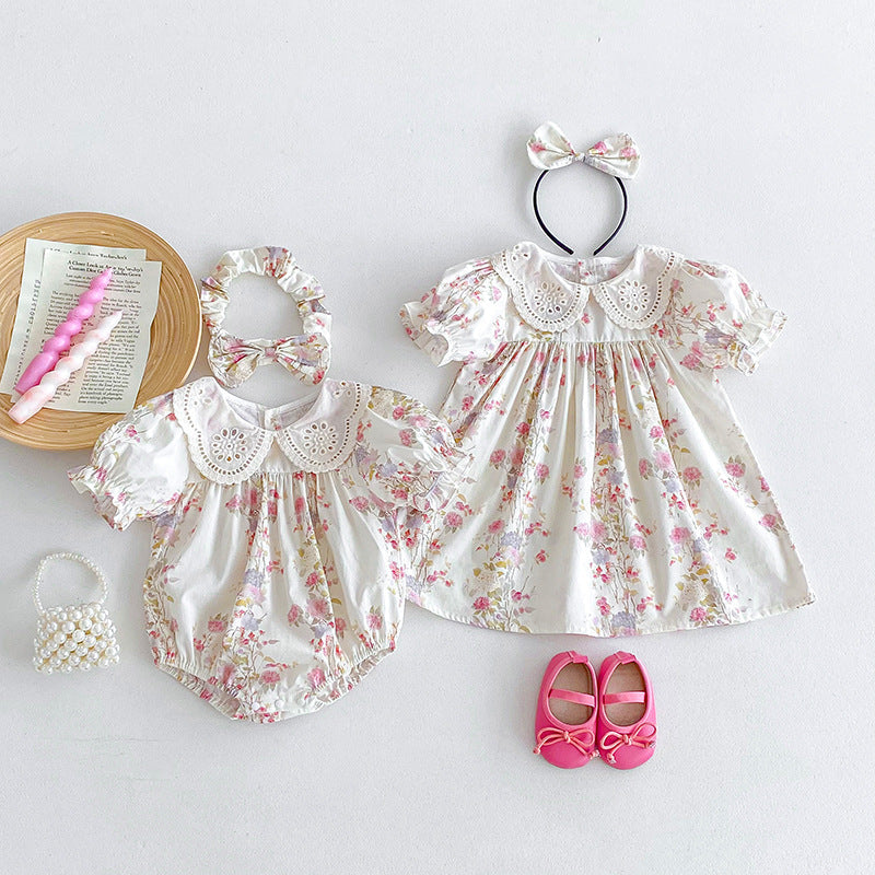 Summer Girls Flowers Pattern Short Sleeves Hollow Out Collar Onesies And Dress – Sister Matching Clothing Set-3