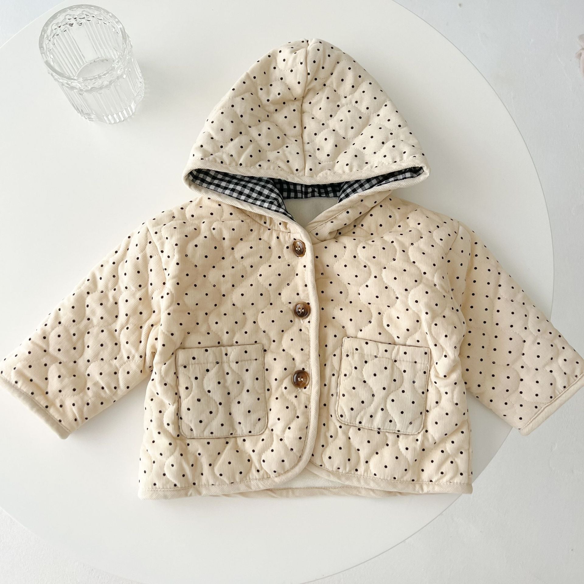 Baby Dot Pattern Corduroy Fabric Quilted Warm Coat With Hat-2