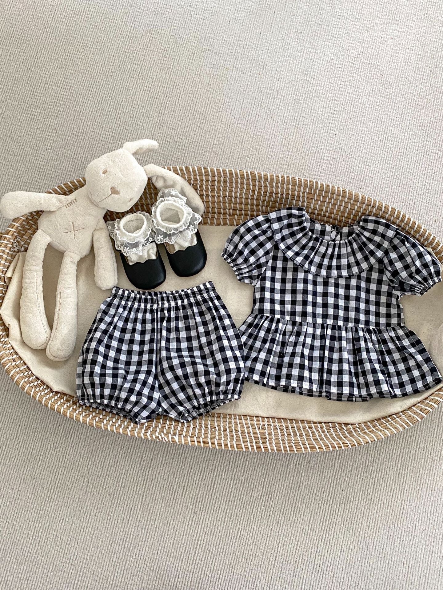 Summer Baby Kids Girls Plaid Short Sleeves Round Collar Top And Shorts Casual Clothing Set-2