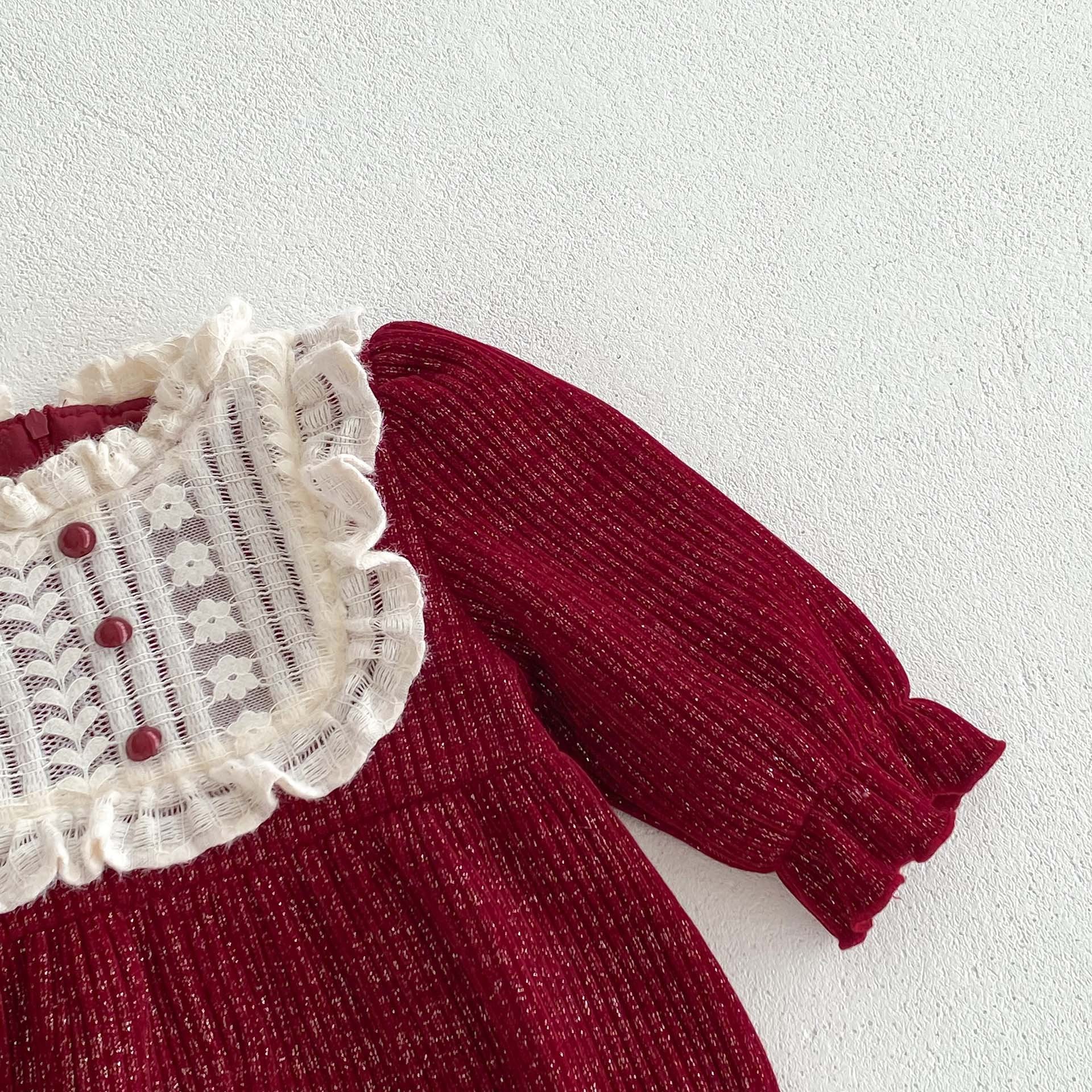 Ins Autumn&Winter Baby Girls Laces Round Collars Long Sleeve One Piece-2