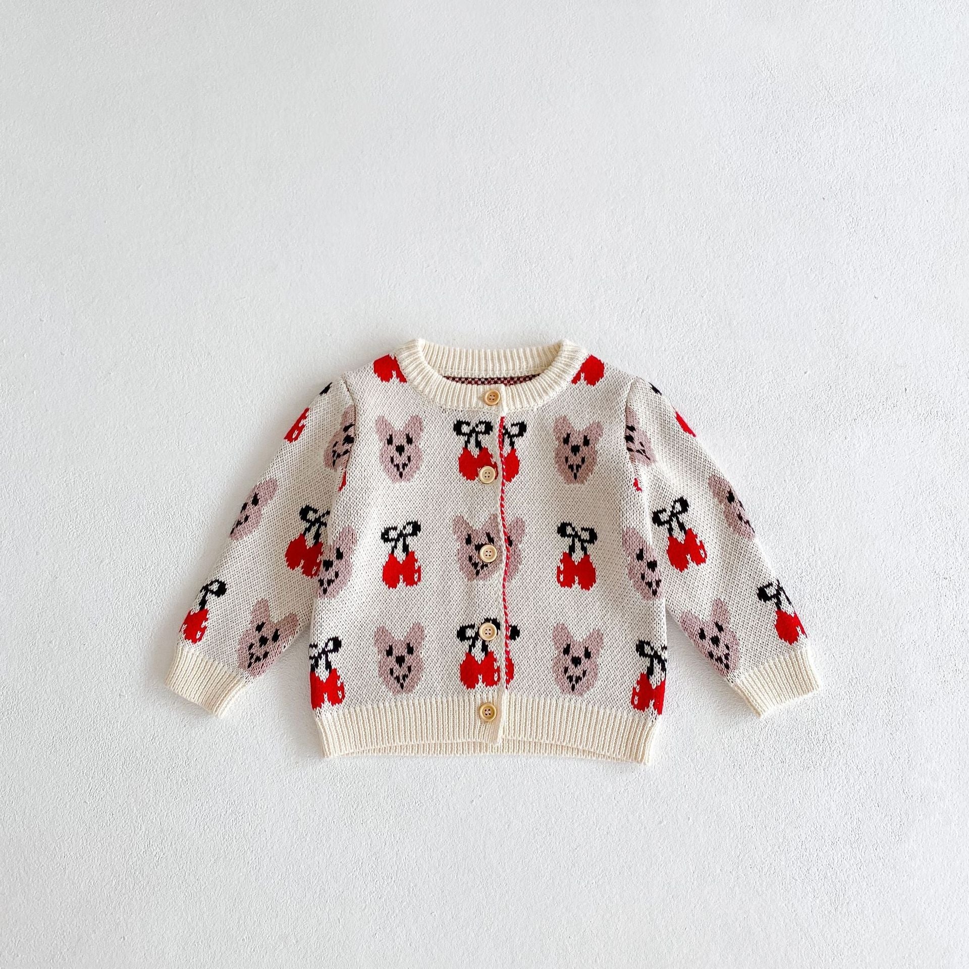 Baby Girl 1pcs Allover Cartoon Bear & Cherry Embroidered Graphic Bodysuit & Cardigan Knitted Sets-2