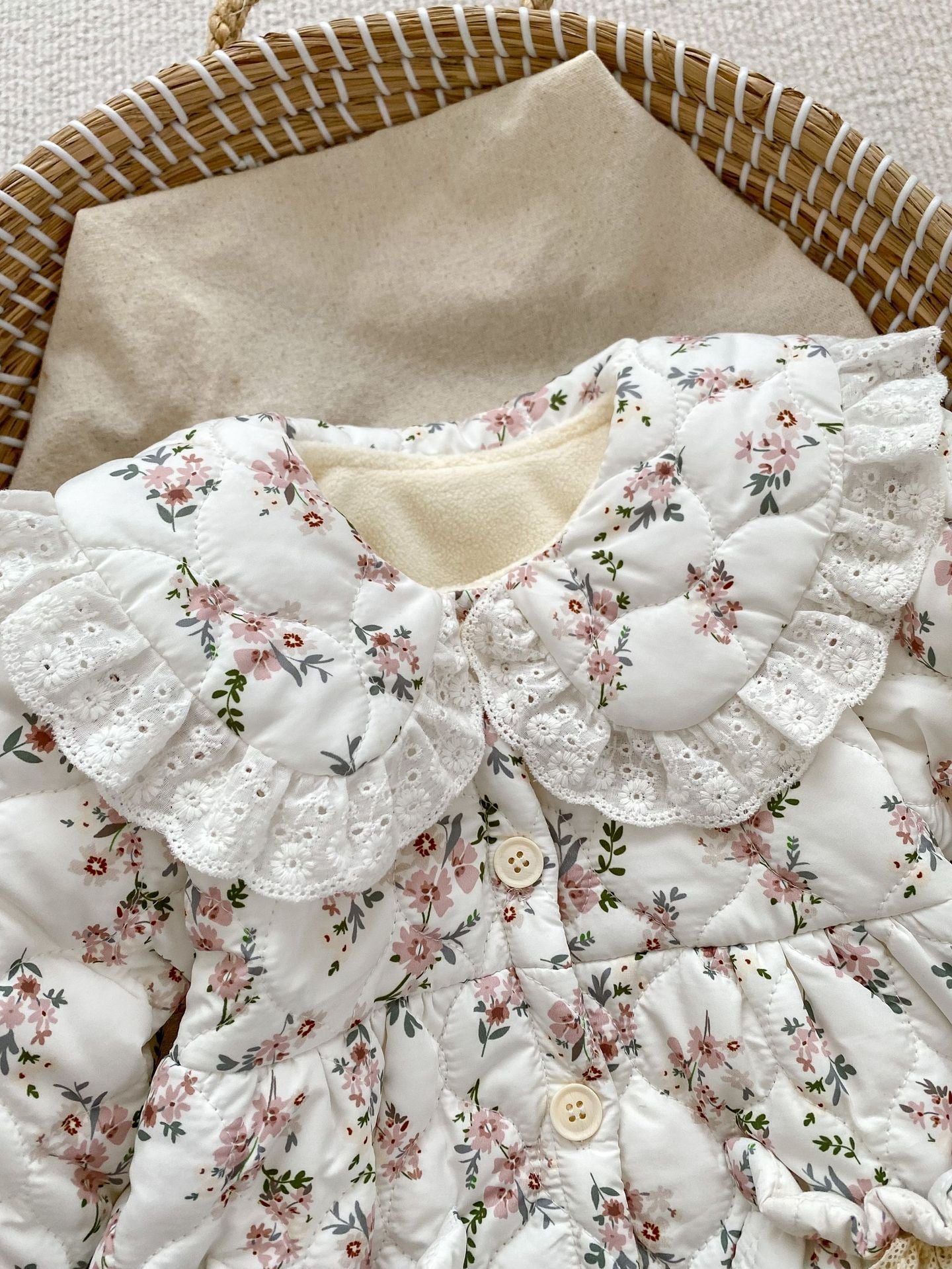 Infant Baby Girl Floral Combo Laces Warm Thicken Long Sleeve Jumpsuit-3