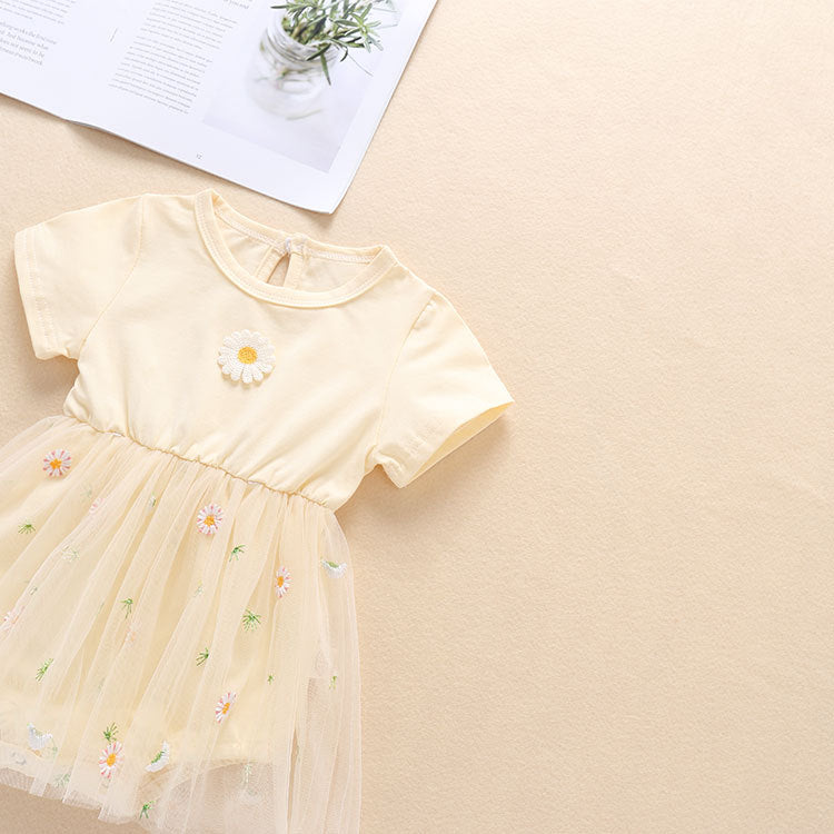 Baby Girl Embroidery Daisy Short-Sleeved Round Collar Dress-2