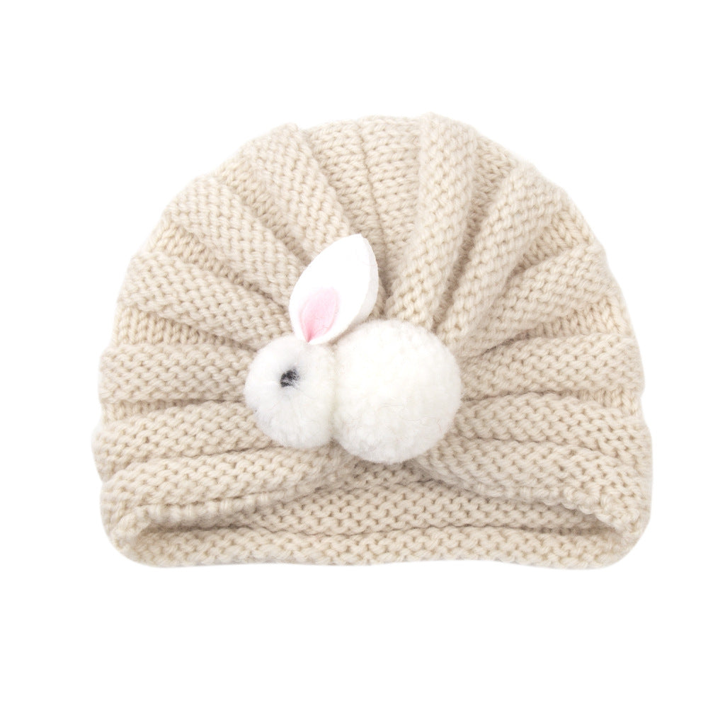 Newborn Baby Solid Color Rabbit Patched Design Wool Knitting Tire Caps-2