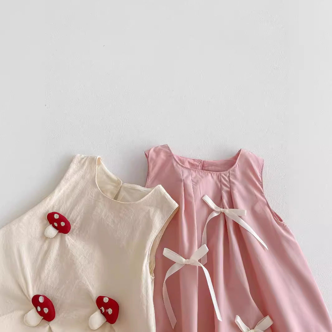 Summer Hot Selling Baby Kids Girls Sleeveless Crew Neck 3D Mushroom/Bow Simple Dress-4