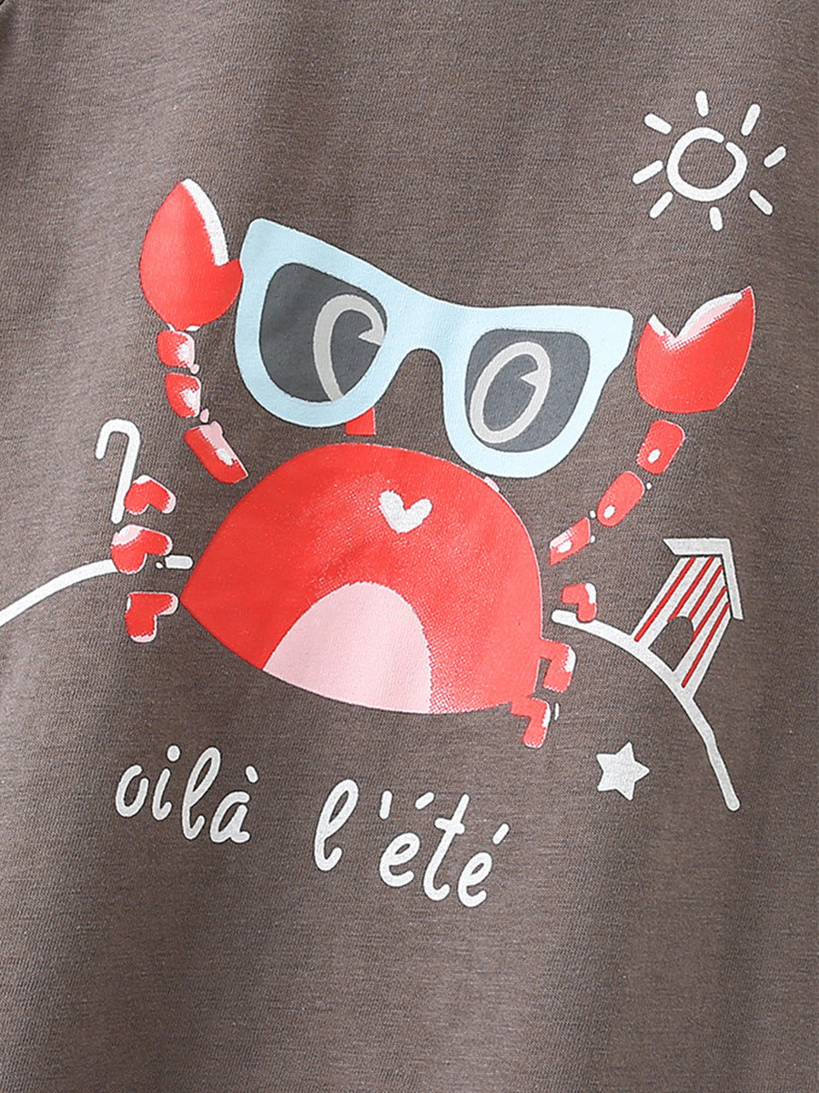 Summer Baby Kids Girls Crab Cartoon Pattern Short Sleeves T-Shirt And Striped Shorts Casual Clothing Set-2