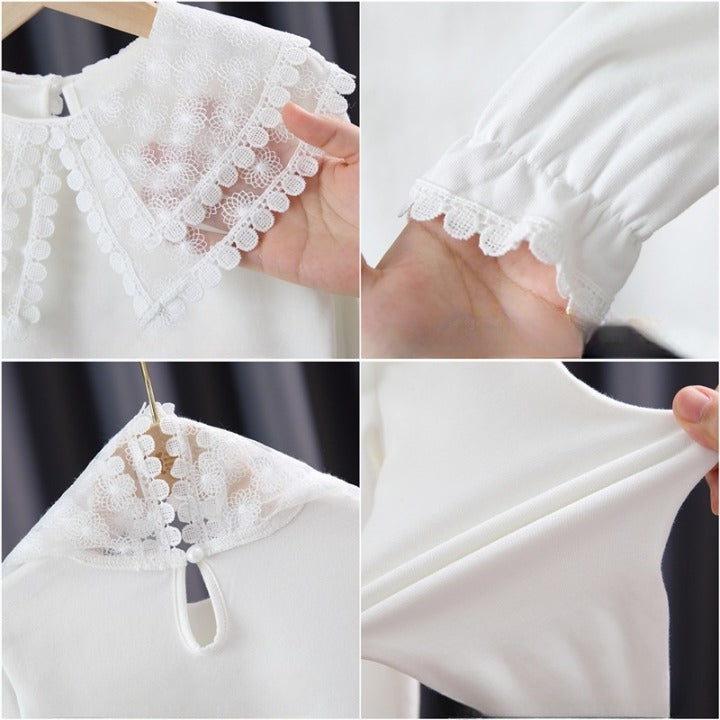 Baby Girl Solid Color Mesh Doll Neck Lapel Quality Shirt-3