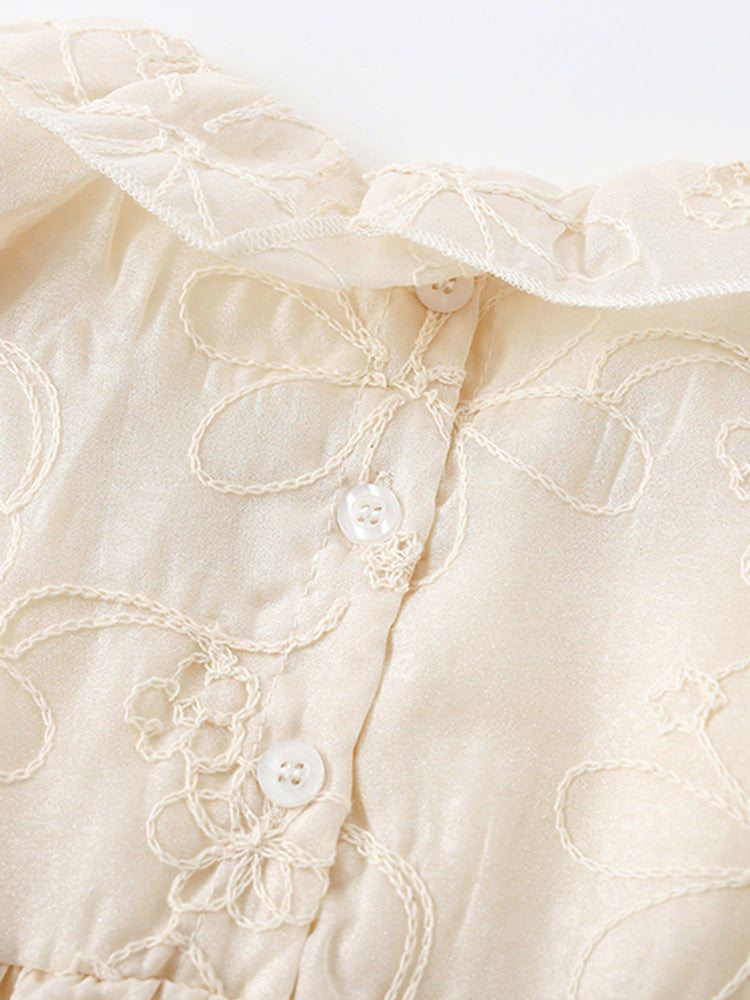 Summer New Arrival Girls’ Floral Pattern Embroidery Short Sleeves Round Collar Dress-3