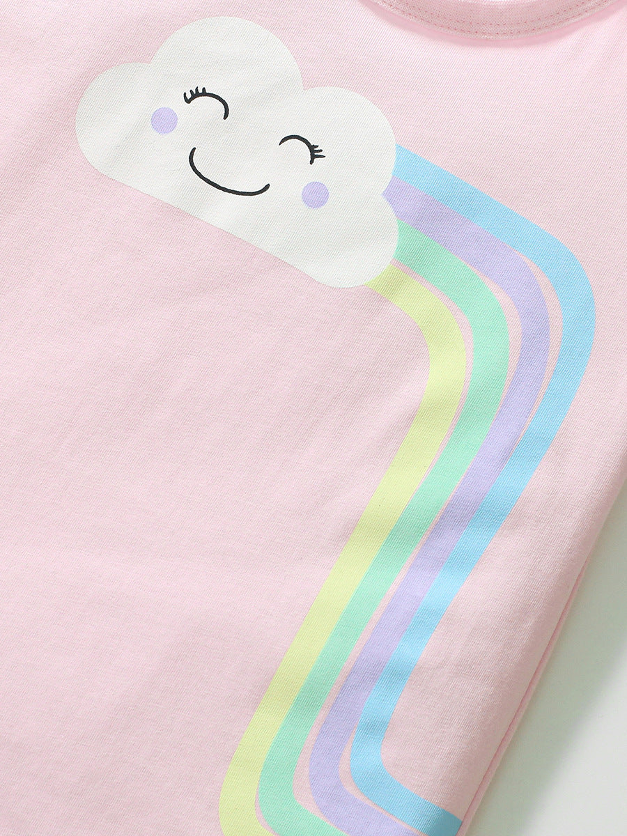Crew Neck Rainbow Cloud Cartoon Girls’ T-Shirt In European And American Style For Summer-3
