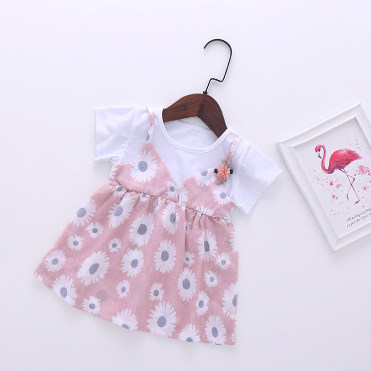 Baby Girl Little Daisy Print Pattern False Two-Piece Patchwork Design Round Collar Short-Sleeved Dress-2