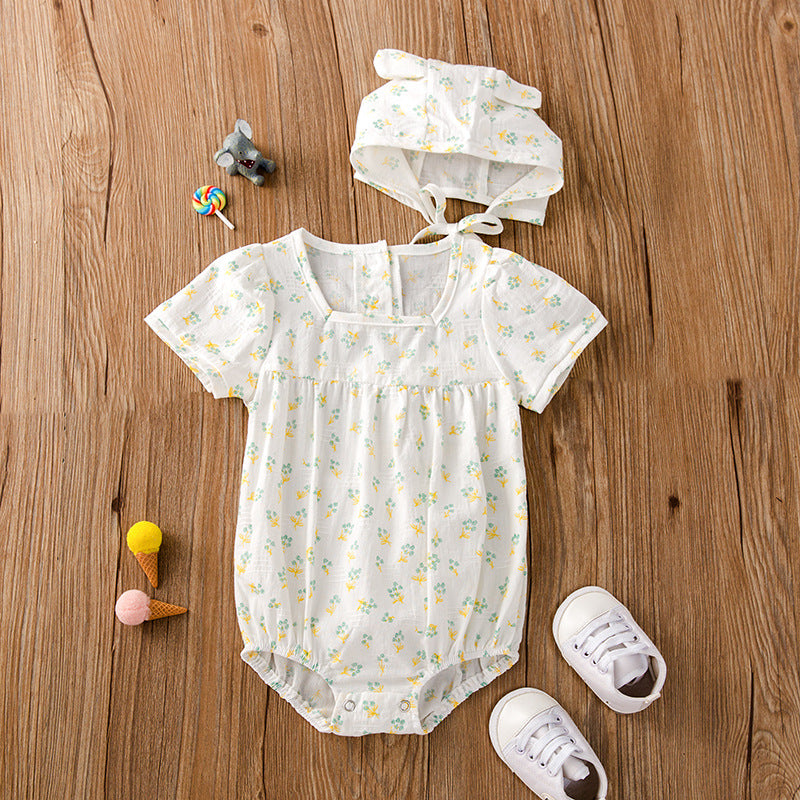Baby Girl Floral Print Square Collar Onesies With Hat-2