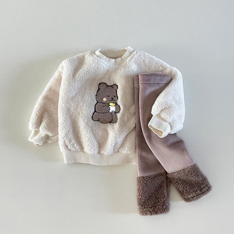 Baby Bear Embroidered Pattern Plush Hoodies Combo Pants Pieces Sets-2