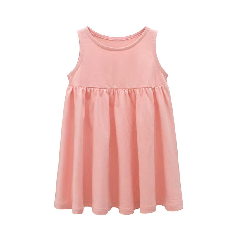 Baby Girls Solid Round Collar Design Sleeveless Dress In Summer-2