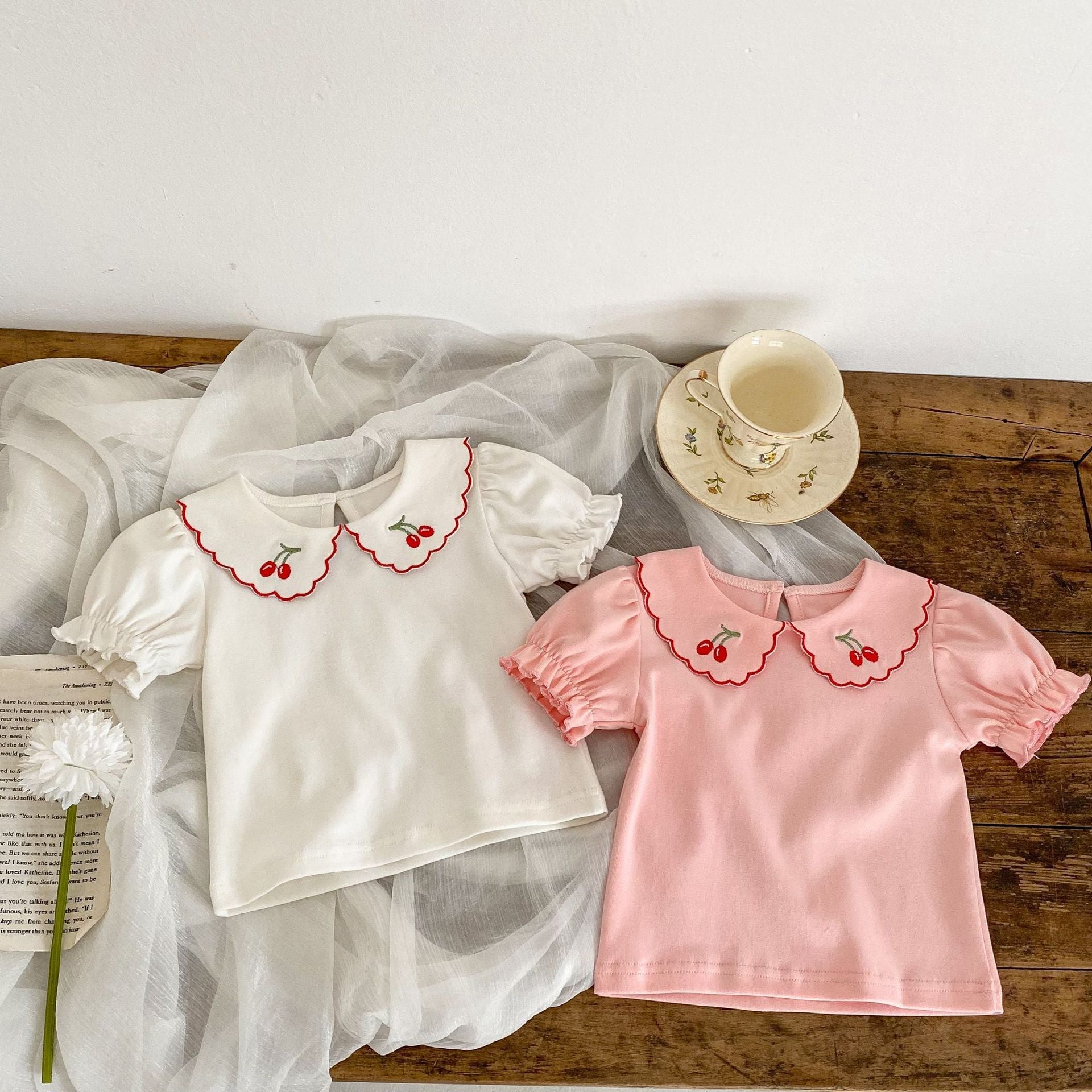 Baby Girl Cherry Laple Neck Shirt With Plaid Skirt Sets-2