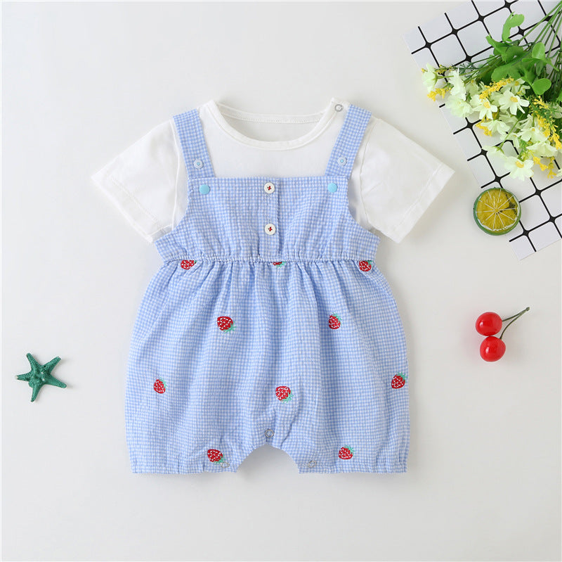 Baby Girl 1pcs Plaid Graphic Strawberries Embroidery Snap Button Jumpsuit & Solid Tee Sets-1