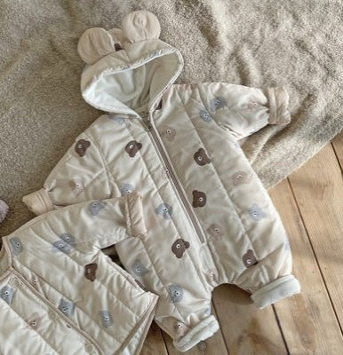 Baby Bear Print Pattern Quilted Warm Coat & Jumpsuit-2