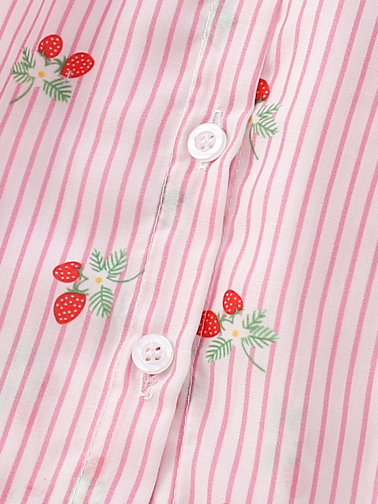 Summer New Arrival Girls’ Strawberry Pattern Striped Single Breasted Short Sleeves Round Neck Dress-2