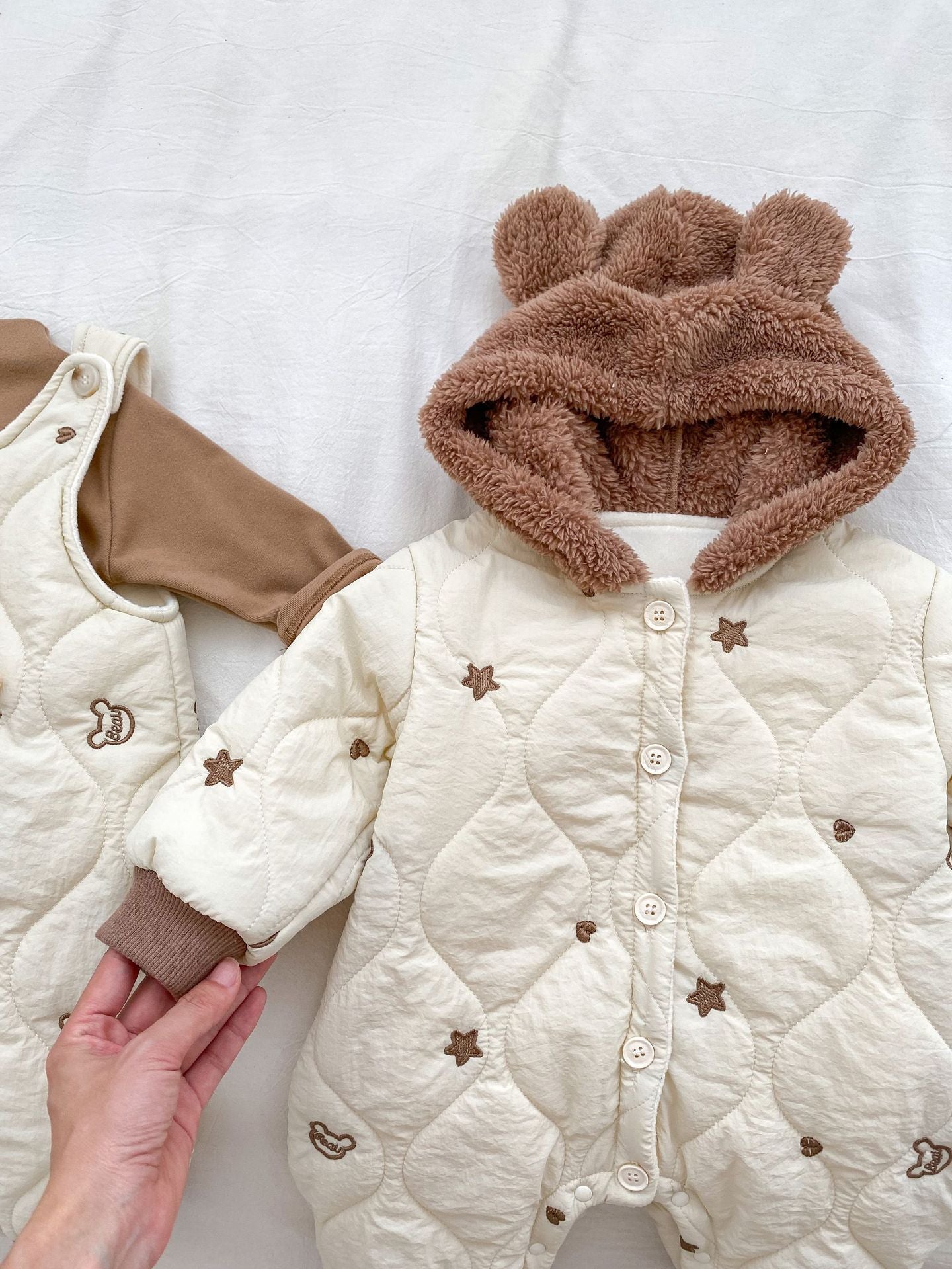 Infant Baby Star Embroidery Thicken Long Sleeve Jumpsuit In Winter-3