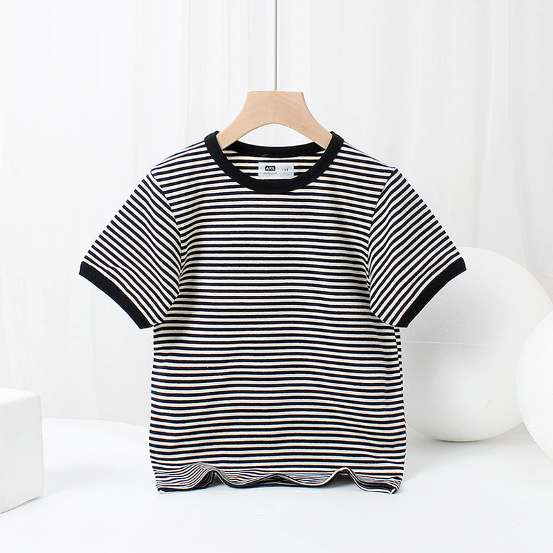 Baby Striped Pattern Crewneck Short Sleeve Cotton T-Shirt-2